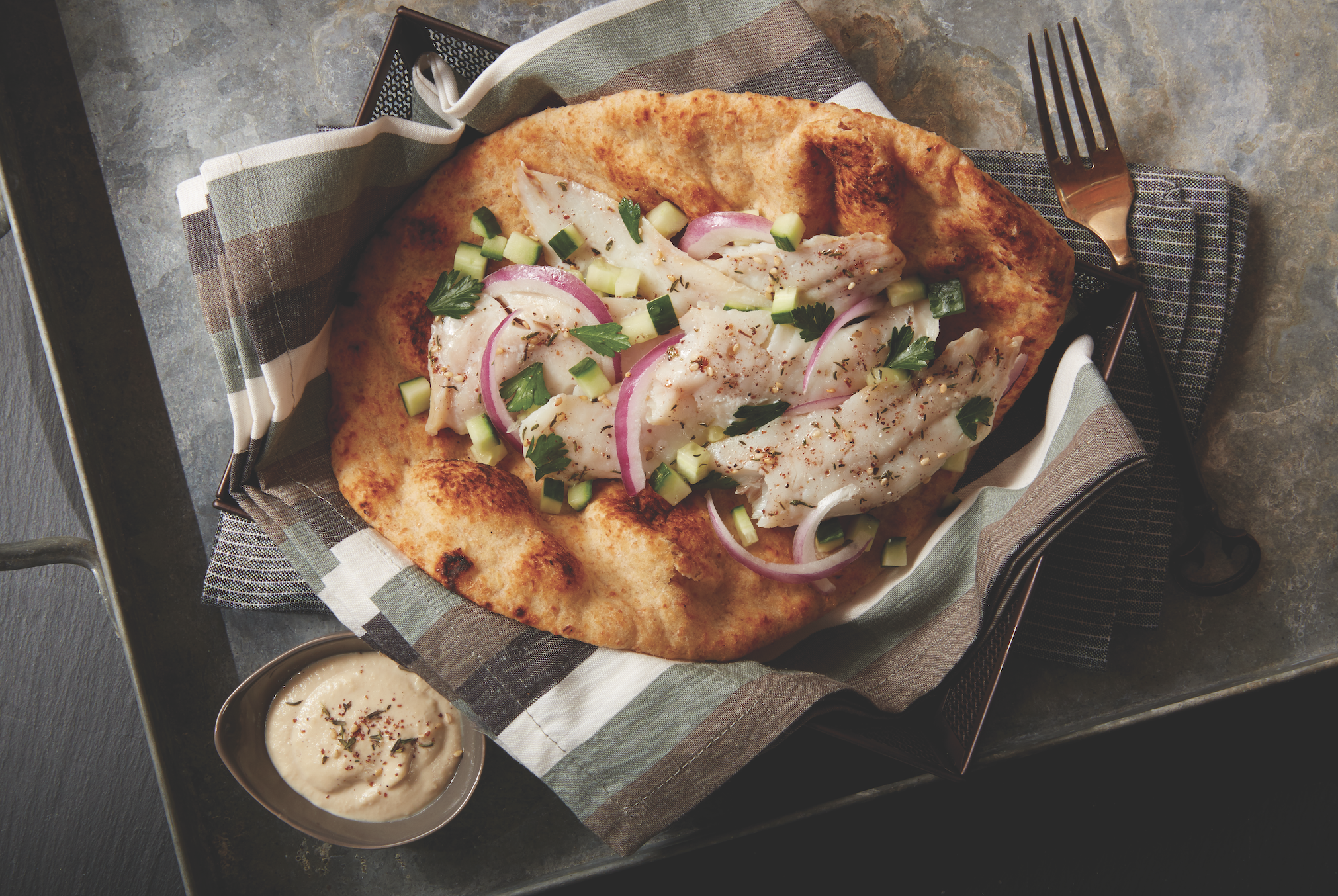 Lemon Tahini Alaska Pollock Flatbread Tacos