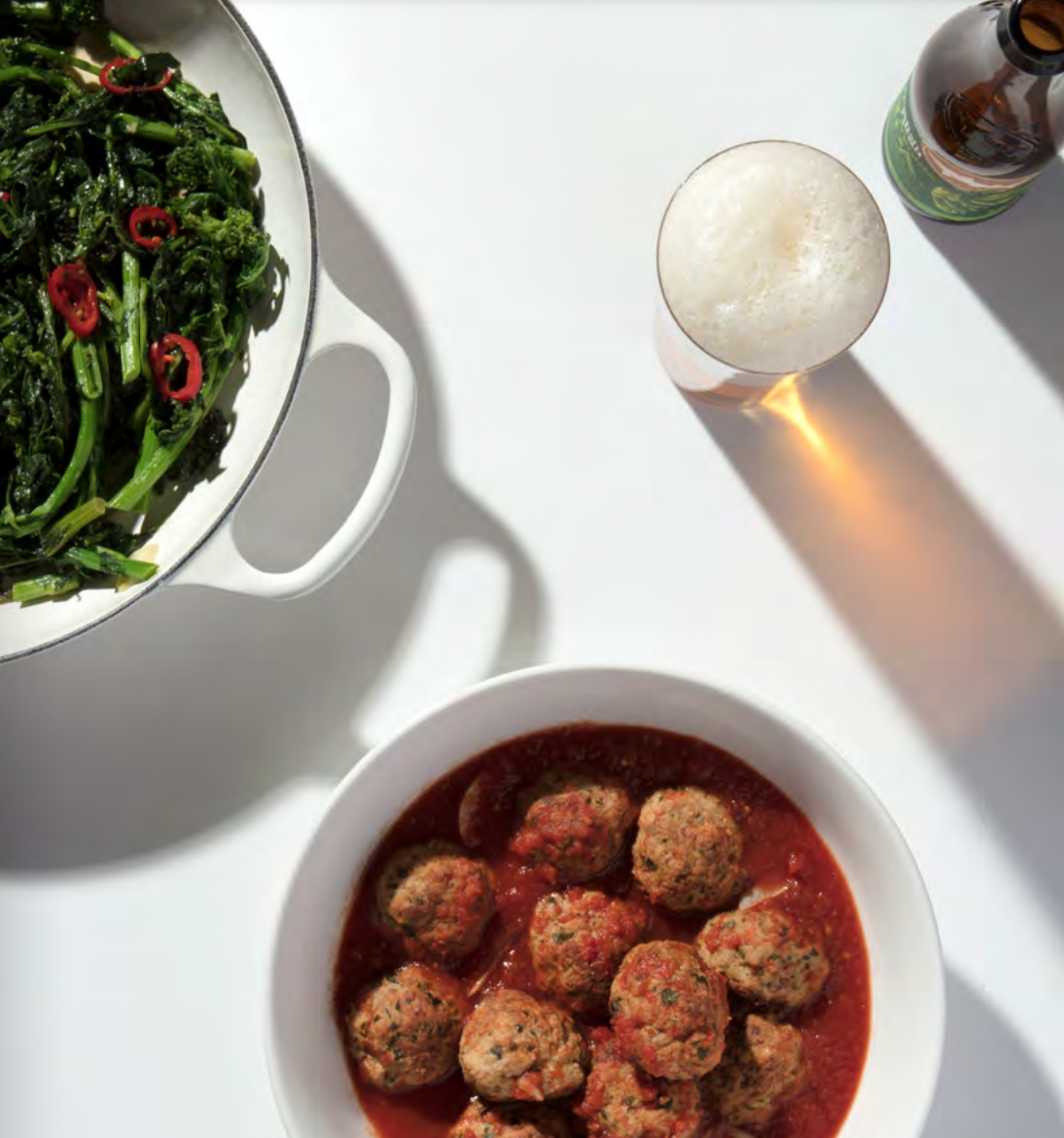 Pork Meatballs With Tomato Sauce, Broccoli Rabe, And Grilled Sourdough