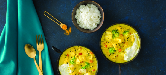 Wild Alaska pollock coconut curry with cucumber yogurt sauce
