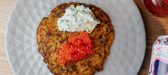 Pumpkin Pancake with Red Caviar and Tzatziki Sauce