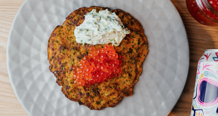 Pumpkin Pancake with Red Caviar and Tzatziki Sauce