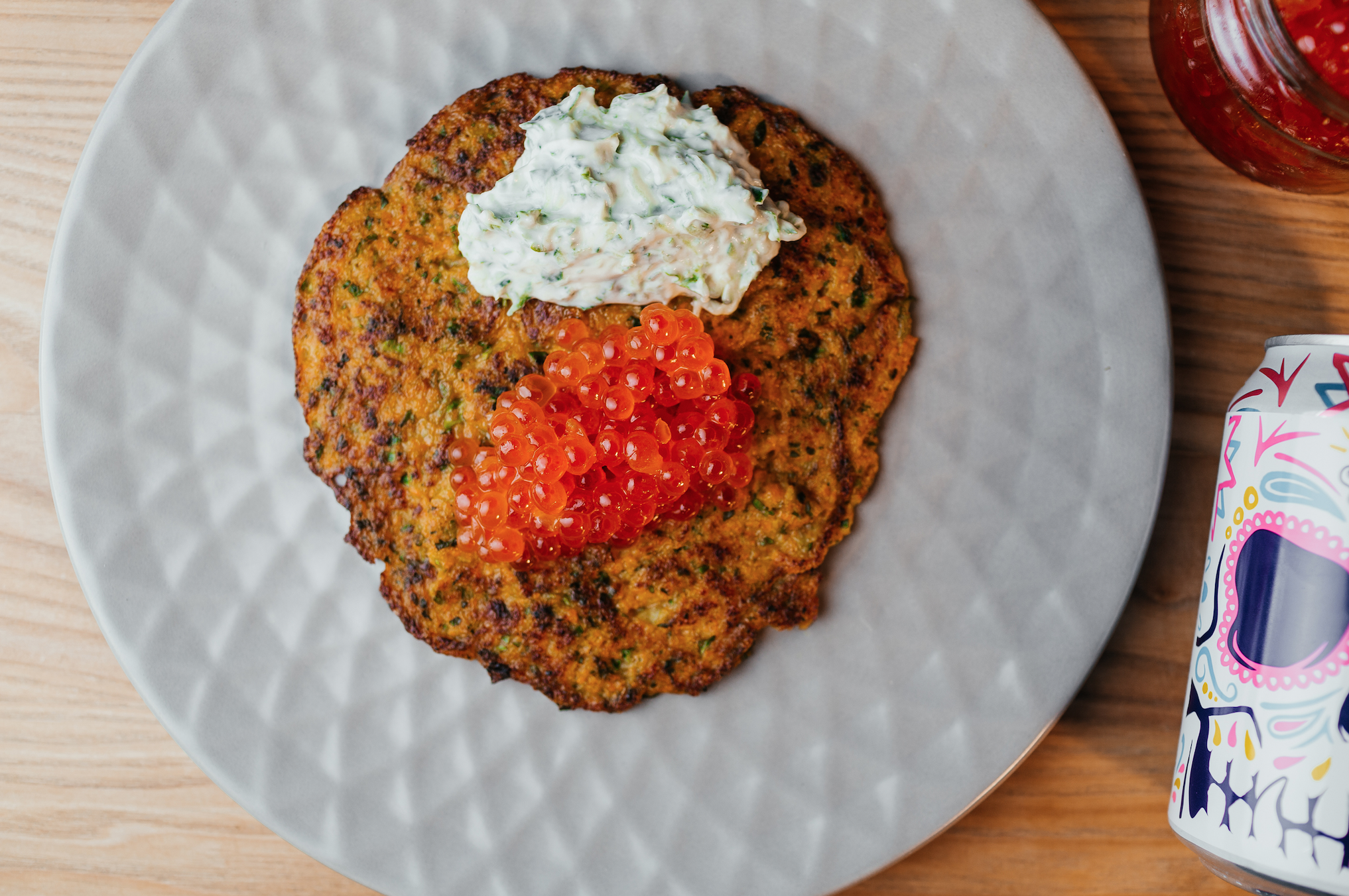 Pumpkin Pancake with Red Caviar and Tzatziki Sauce
